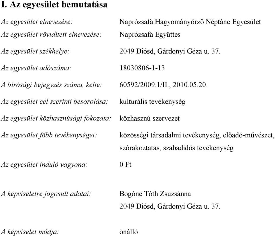 Az egyesület közhasznúsági fokozata: Az egyesület főbb tevékenységei: Az egyesület induló vagyona: kulturális tevékenység közhasznú szervezet közösségi társadalmi