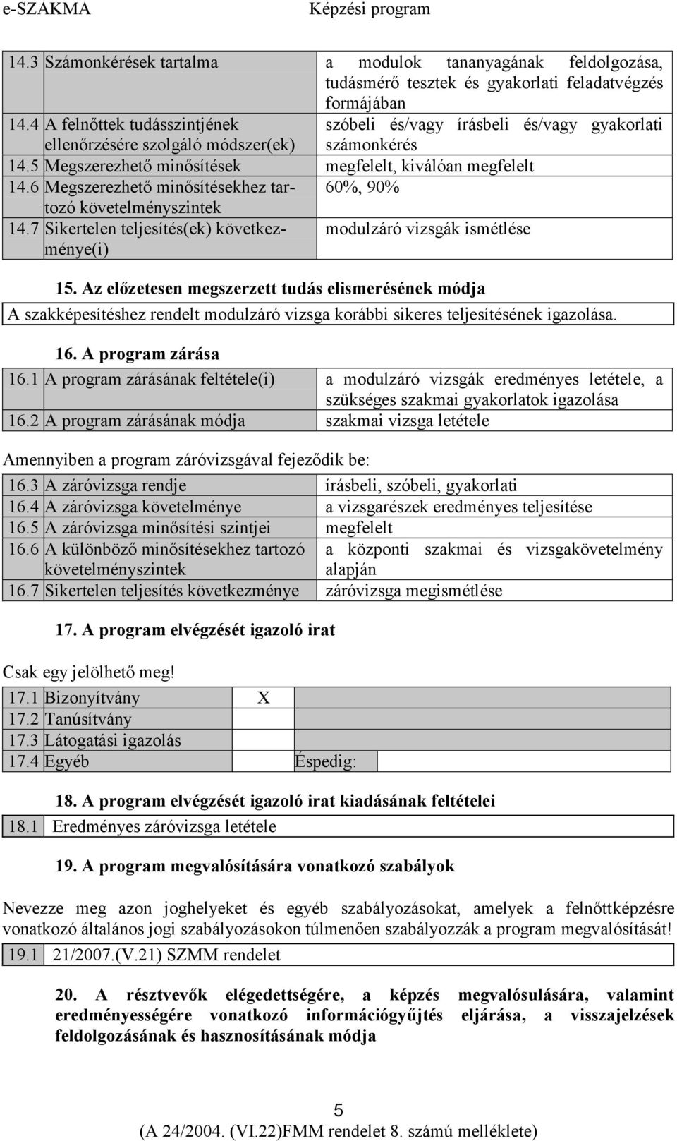 6 Megszerezhető minősítésekhez tar- 60%, 90% tozó követelményszintek 14.7 Sikertelen teljesítés(ek) következ- modulzáró vizsgák ismétlése ménye(i) 15.