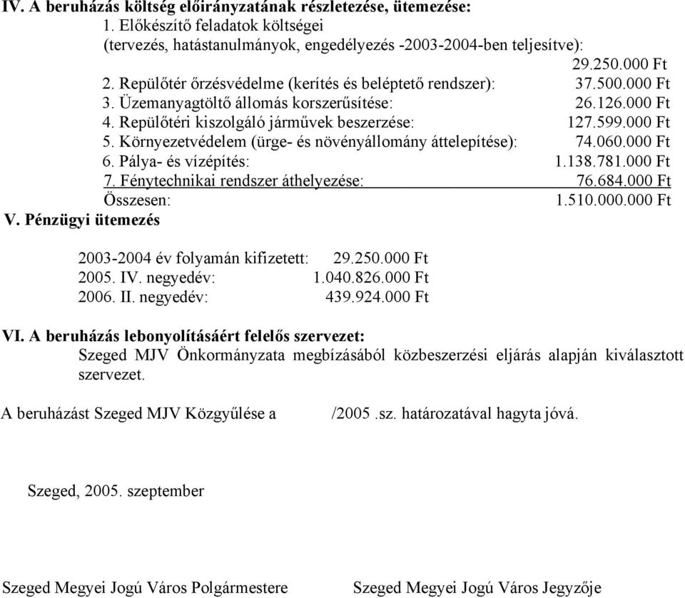 Környezetvédelem (ürge- és növényállomány áttelepítése): 74.060.000 Ft 6. Pálya- és vízépítés: 1.138.781.000 Ft 7. Fénytechnikai rendszer áthelyezése: 76.684.000 Ft Összesen: 1.510.000.000 Ft V.