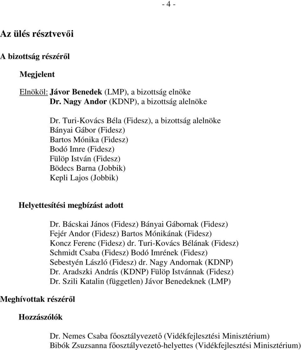 megbízást adott Meghívottak részéről Hozzászólók Dr. Bácskai János (Fidesz) Bányai Gábornak (Fidesz) Fejér Andor (Fidesz) Bartos Mónikának (Fidesz) Koncz Ferenc (Fidesz) dr.
