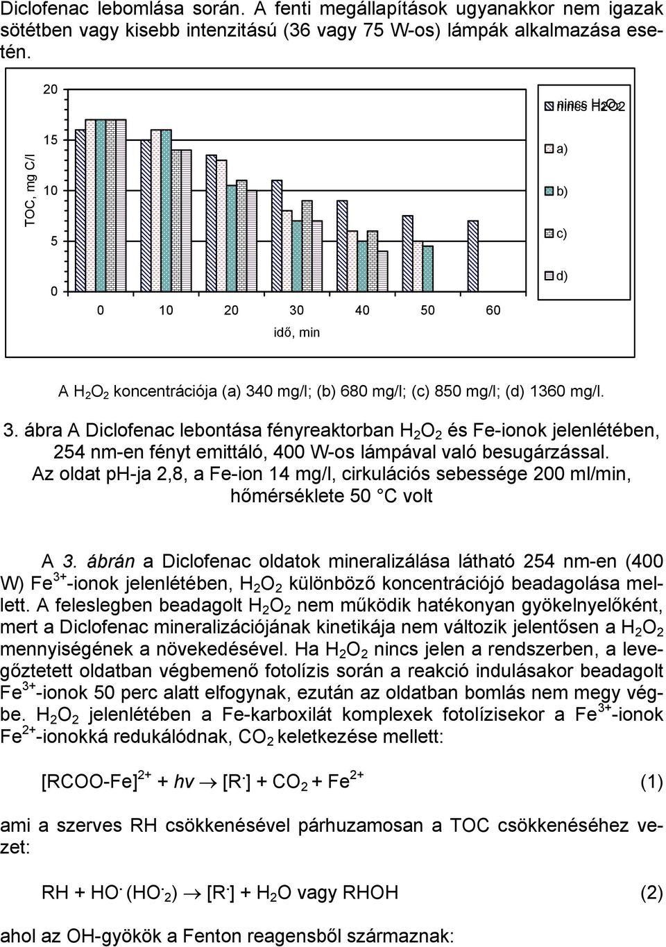 Az oldat ph-ja 2,8, a Fe-ion 14 mg/l, cirkulációs sebessége 200 ml/min, hőmérséklete 50 C volt A 3.