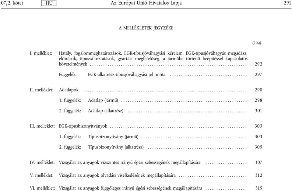 követelmények... 292 Függelék: EGK-alkatrész-típusjóváhagyási jel minta... 297 Oldal II. melléklet: Adatlapok... 298 1. függelék: Adatlap (jármű)... 298 2. függelék: Adatlap (alkatrész)... 301 III.