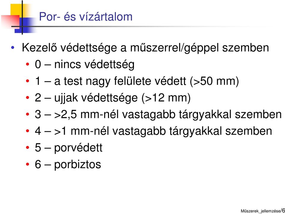 védettsége (>12 mm) 3 >2,5 mm-nél vastagabb tárgyakkal szemben 4 >1