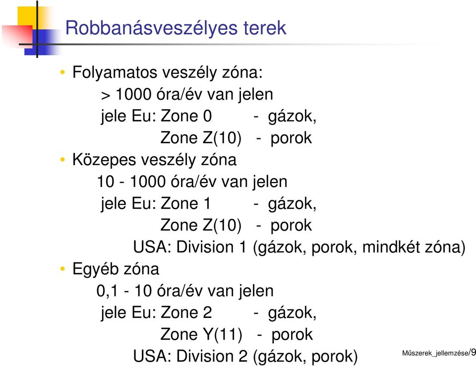 gázok, Zone Z(10) - porok USA: Division 1 (gázok, porok, mindkét zóna) Egyéb zóna 0,1-10 óra/év