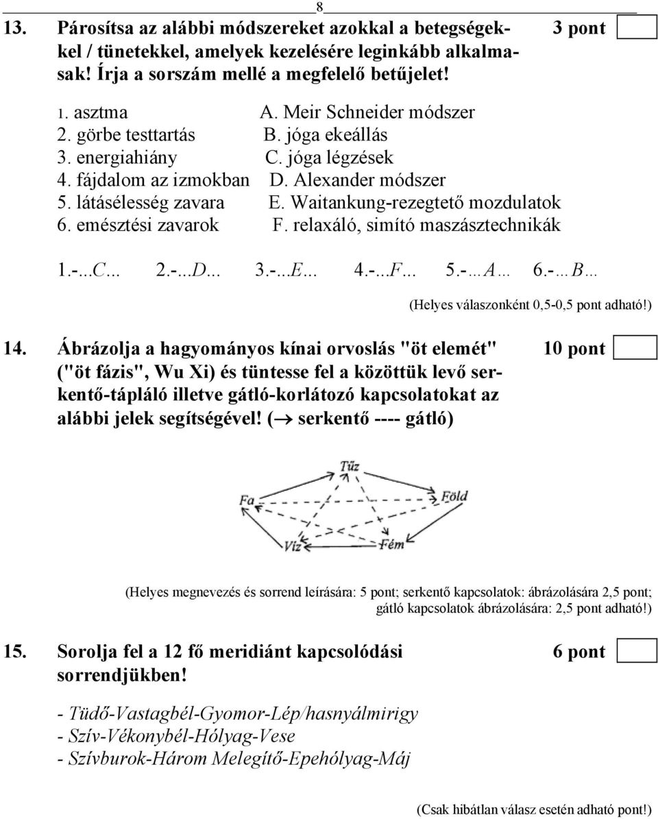 emésztési zavarok F. relaxáló, simító maszásztechnikák 1.-...C... 2.-...D... 3.-...E... 4.-...F... 5.- A 6.- B (Helyes válaszonként 0,5-0,5 pont adható!) 14.