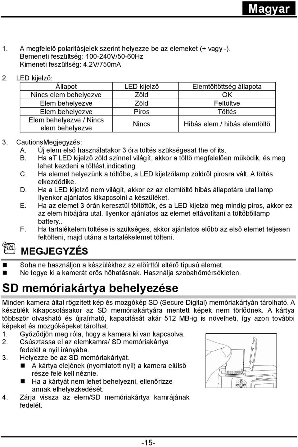 elem / hibás elemtöltő 3. CautionsMegjegyzés: A. Új elem első használatakor 3 óra töltés szükségesat the of its. B.