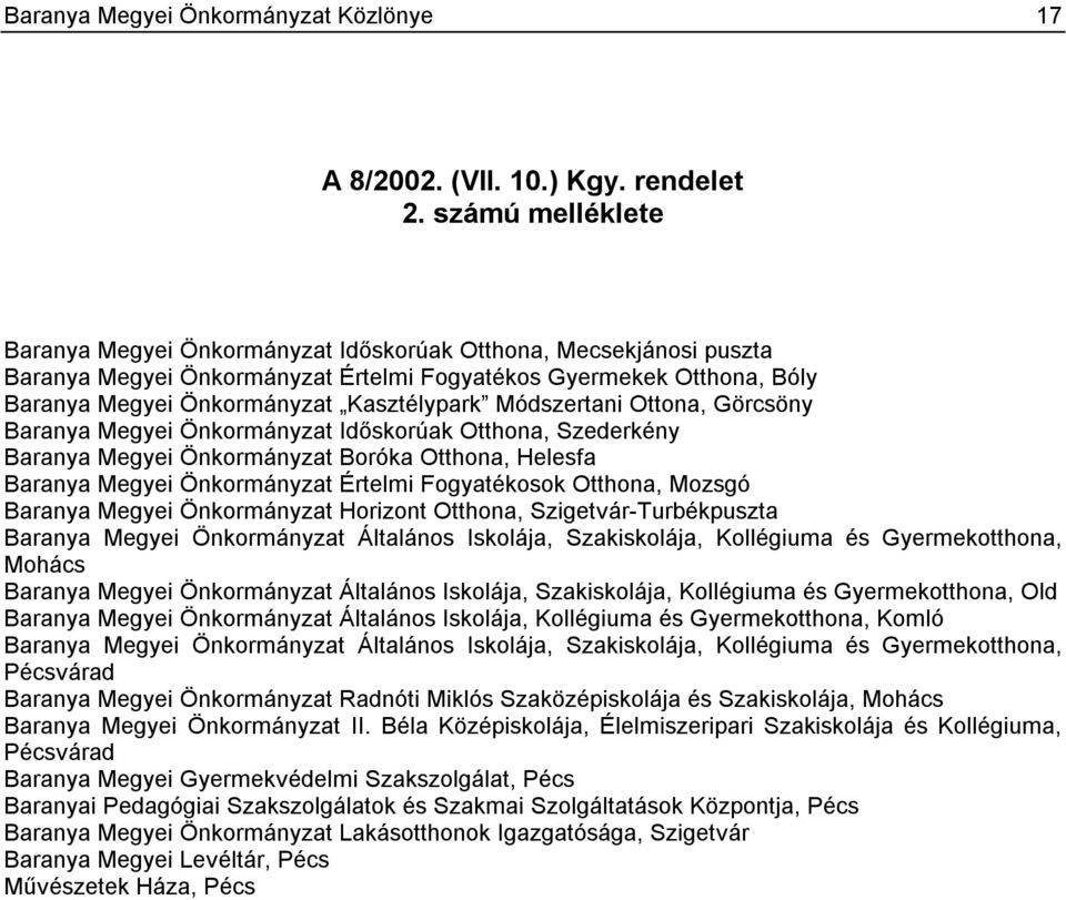 Módszertani Ottona, Görcsöny Baranya Megyei Önkormányzat Időskorúak Otthona, Szederkény Baranya Megyei Önkormányzat Boróka Otthona, Helesfa Baranya Megyei Önkormányzat Értelmi Fogyatékosok Otthona,