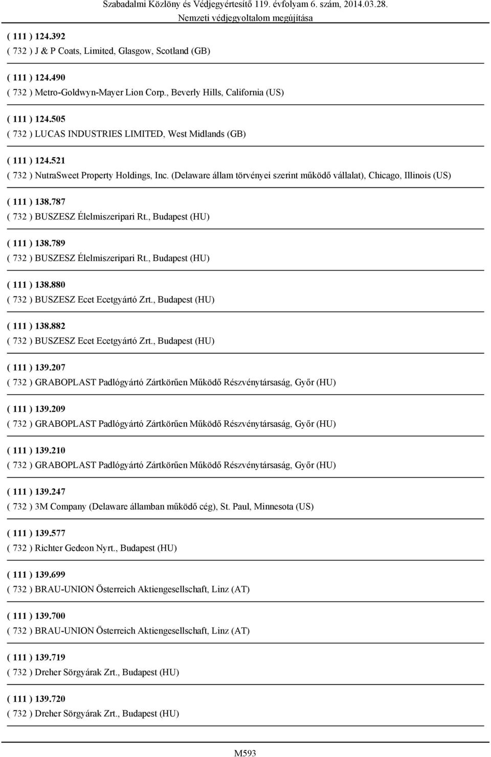(Delaware állam törvényei szerint működő vállalat), Chicago, Illinois (US) ( 111 ) 138.787 ( 732 ) BUSZESZ Élelmiszeripari Rt., Budapest (HU) ( 111 ) 138.789 ( 732 ) BUSZESZ Élelmiszeripari Rt.