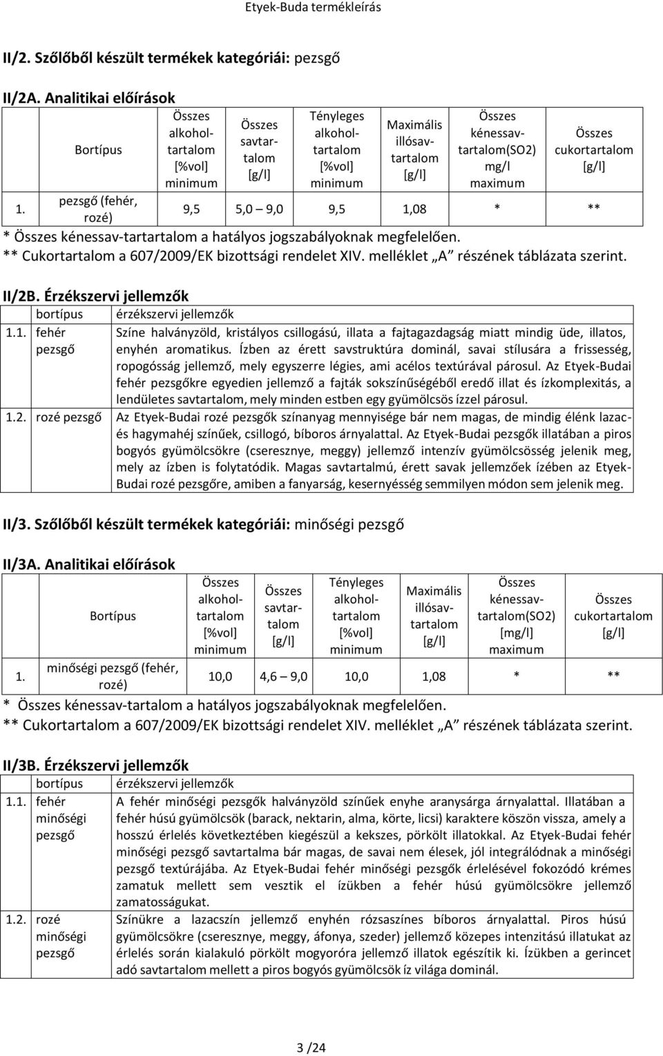 * Összes kénessav-tartartalom a hatályos jogszabályoknak megfelelően. ** Cukortartalom a 607/2009/EK bizottsági rendelet XIV. melléklet A részének táblázata szerint. II/2B.