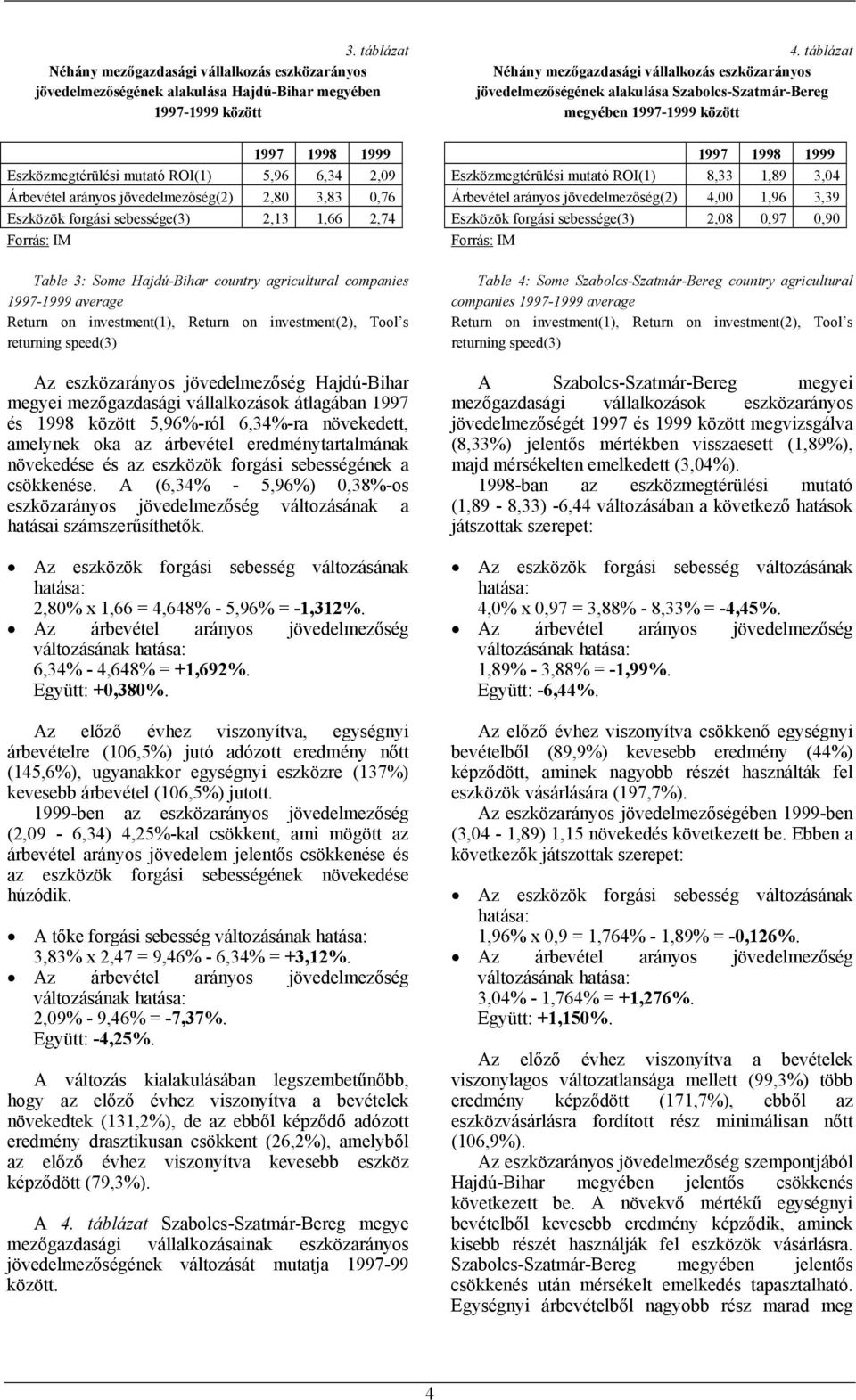 investment(2), Tool s returning speed(3) Az eszközarányos jövedelmezőség Hajdú-Bihar megyei mezőgazdasági vállalkozások átlagában 1997 és 1998 között 5,96%-ról 6,34%-ra növekedett, amelynek oka az