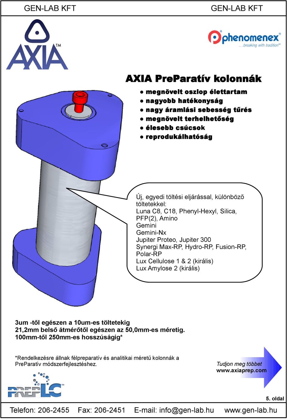 Cellulose 1 & 2 (királis) Lux Amylose 2 (királis) 3um -től egészen a 10um-es töltetekig Szemcseméret Pórusátmérő Fajlagos felület 21,2mm belső átmérőtől egészen az 50,0mm-es méretig.