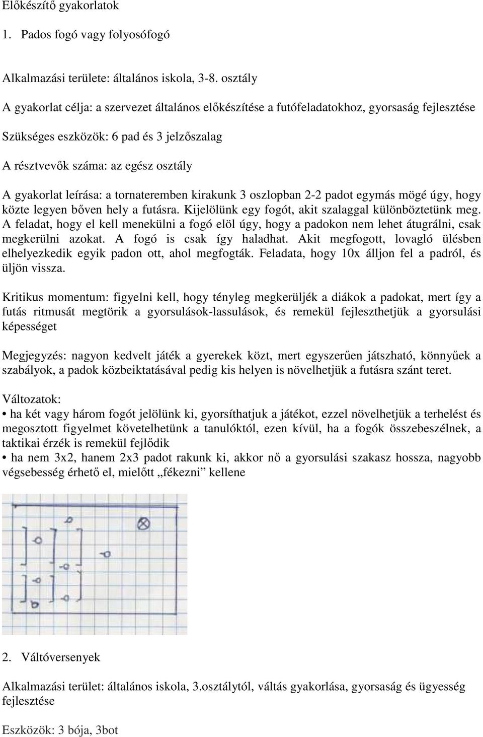 leírása: a tornateremben kirakunk 3 oszlopban 2-2 padot egymás mögé úgy, hogy közte legyen bőven hely a futásra. Kijelölünk egy fogót, akit szalaggal különböztetünk meg.