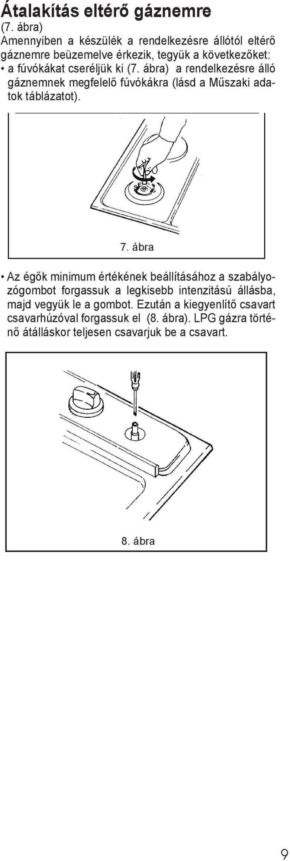 ki (7. ábra) a rendelkezésre álló gáznemnek megfelelő fúvókákra (lásd a Műszaki adatok táblázatot). 7.