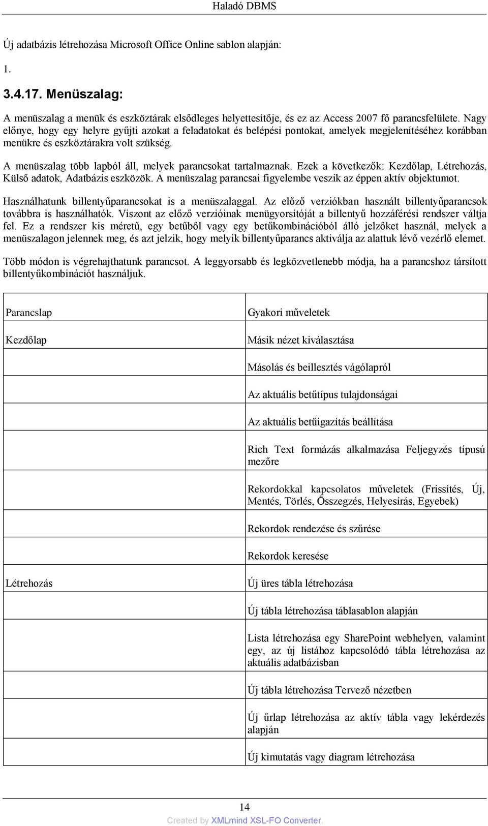 A menüszalag több lapból áll, melyek parancsokat tartalmaznak. Ezek a következők: Kezdőlap, Létrehozás, Külső adatok, Adatbázis eszközök.