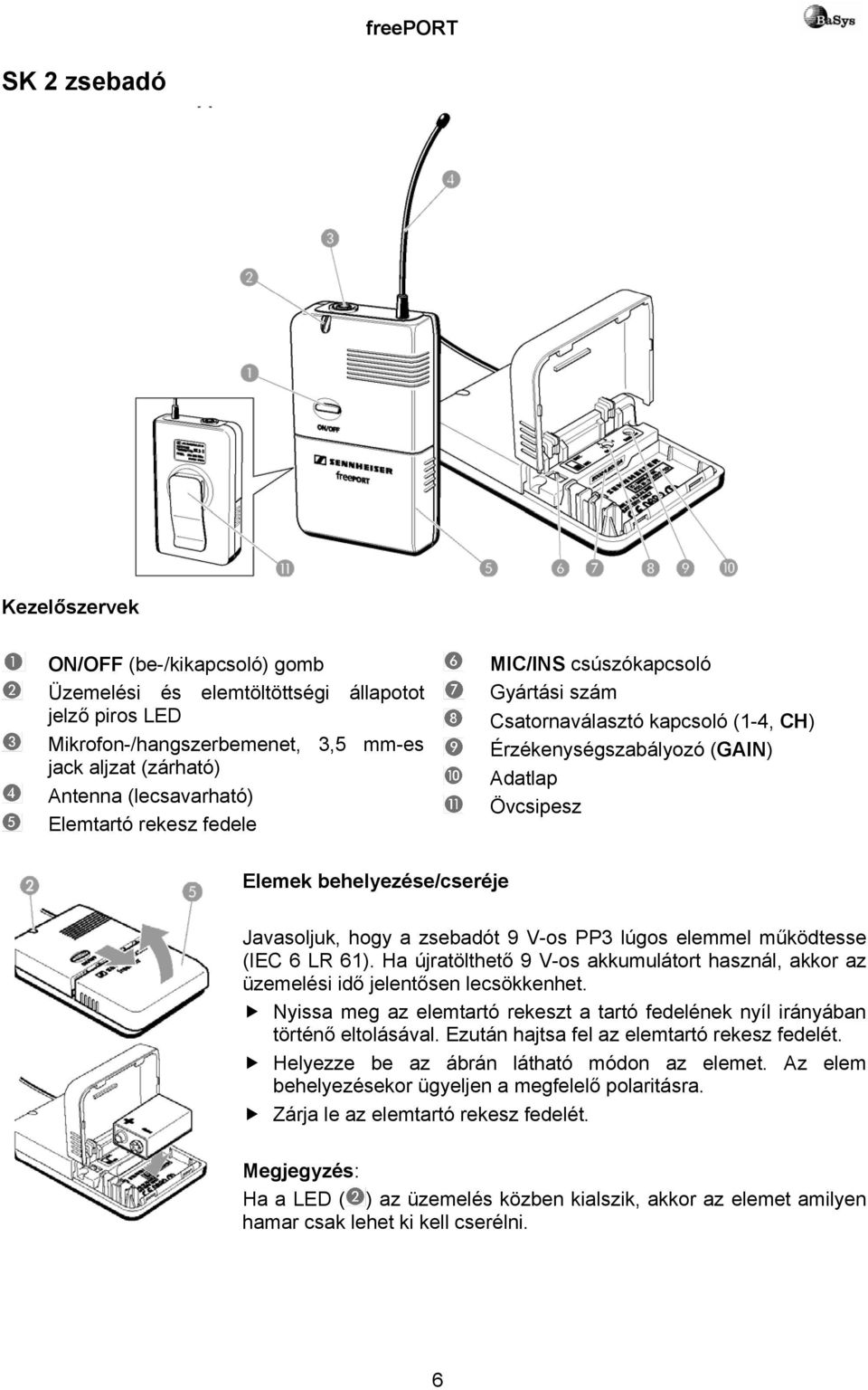 9 V-os PP3 lúgos elemmel működtesse (IEC 6 LR 61). Ha újratölthető 9 V-os akkumulátort használ, akkor az üzemelési idő jelentősen lecsökkenhet.