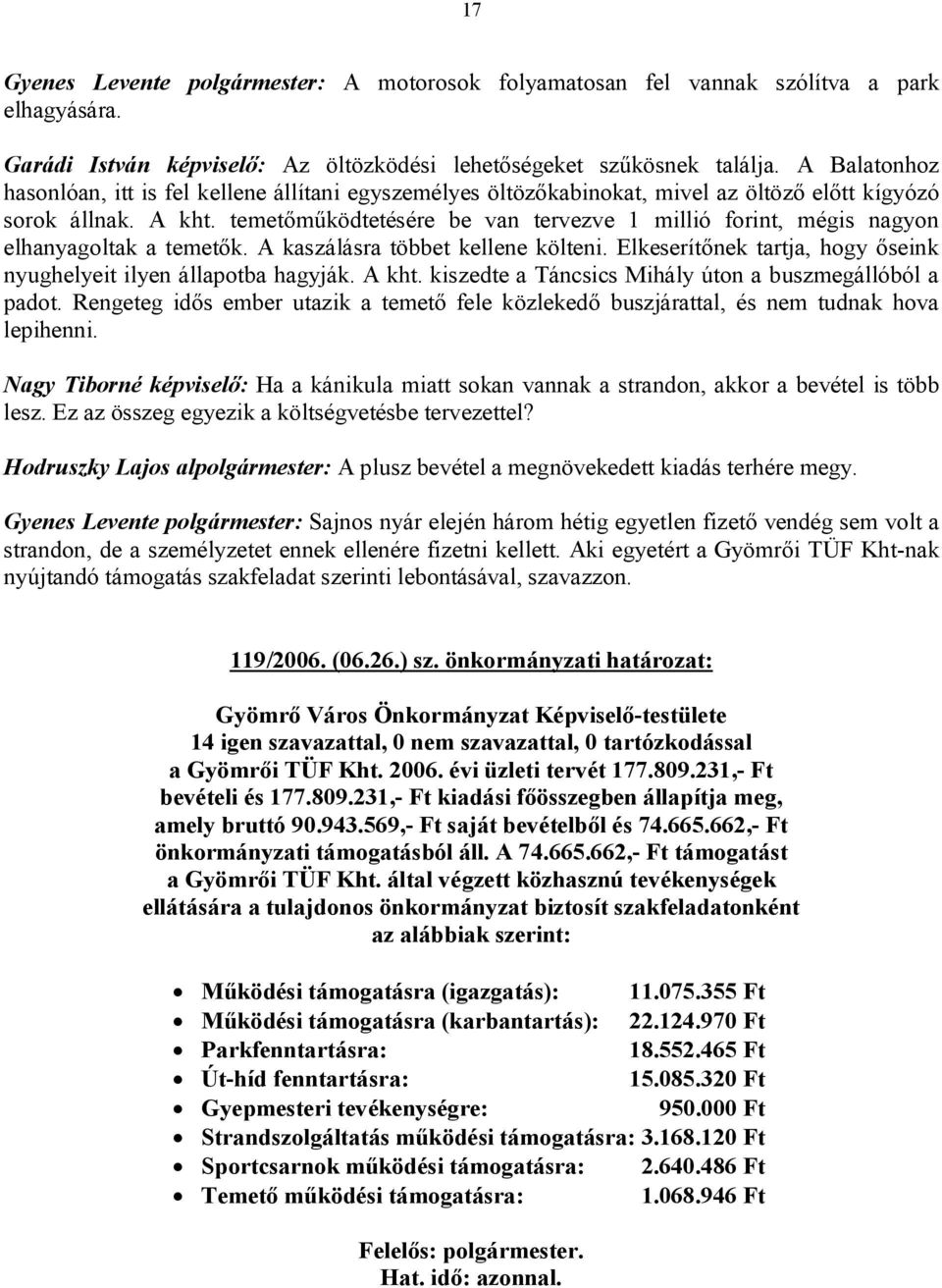 temetőműködtetésére be van tervezve 1 millió forint, mégis nagyon elhanyagoltak a temetők. A kaszálásra többet kellene költeni. Elkeserítőnek tartja, hogy őseink nyughelyeit ilyen állapotba hagyják.