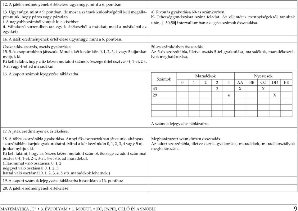 b) Tehetséggondozásra szánt feladat. Az ellentétes mennyiségekről tanultak után, [ 50,50] intervallumban az egész számok összeadása. 14. A játék eredményének értékelése ugyanúgy, mint a 6. pontban.