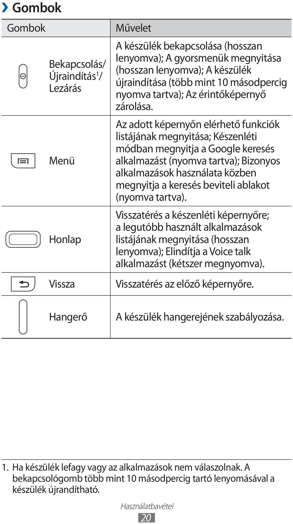 Az adott képernyőn elérhető funkciók listájának megnyitása; Készenléti módban megnyitja a Google keresés alkalmazást (nyomva tartva); Bizonyos alkalmazások használata közben megnyitja a keresés