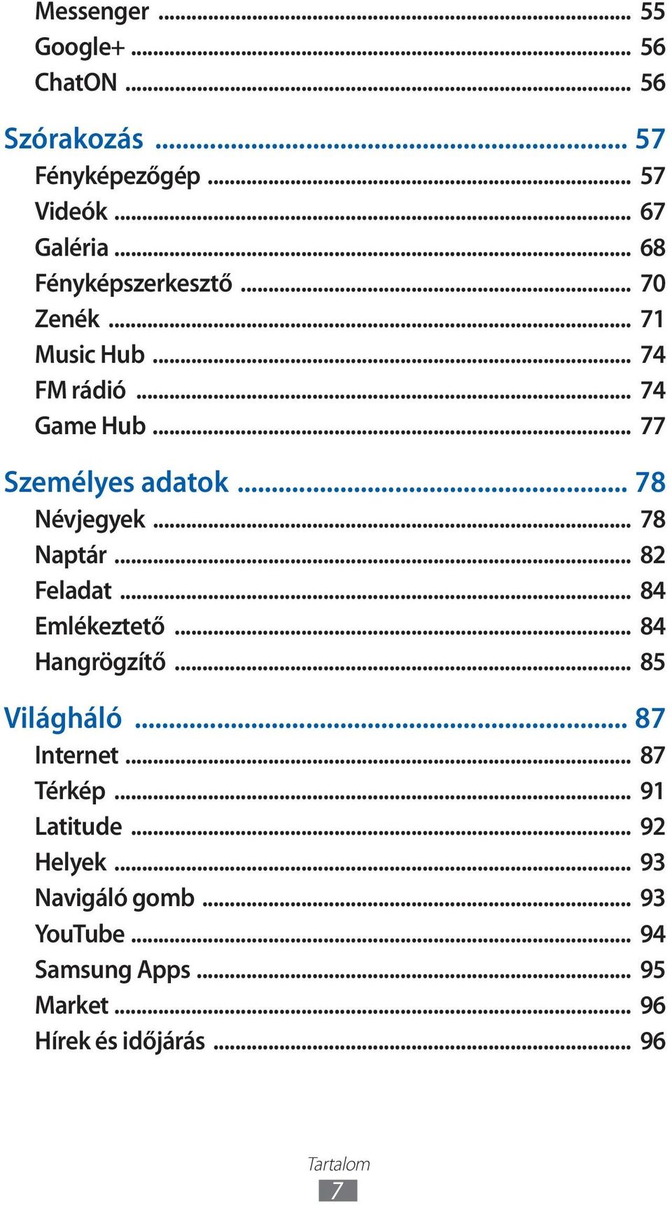 .. 78 Névjegyek... 78 Naptár... 82 Feladat... 84 Emlékeztető... 84 Hangrögzítő... 85 Világháló... 87 Internet.