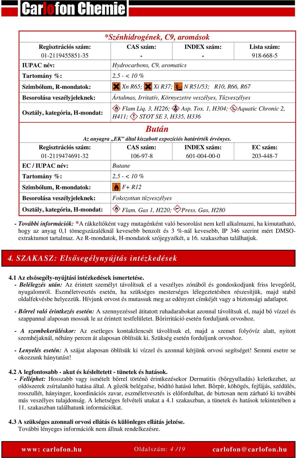 1, H304; Aquatic Chronic 2, H411; STOT SE 3, H335, H336 Bután Az anyagra EK által kiszabott expozíciós határérték érvényes.