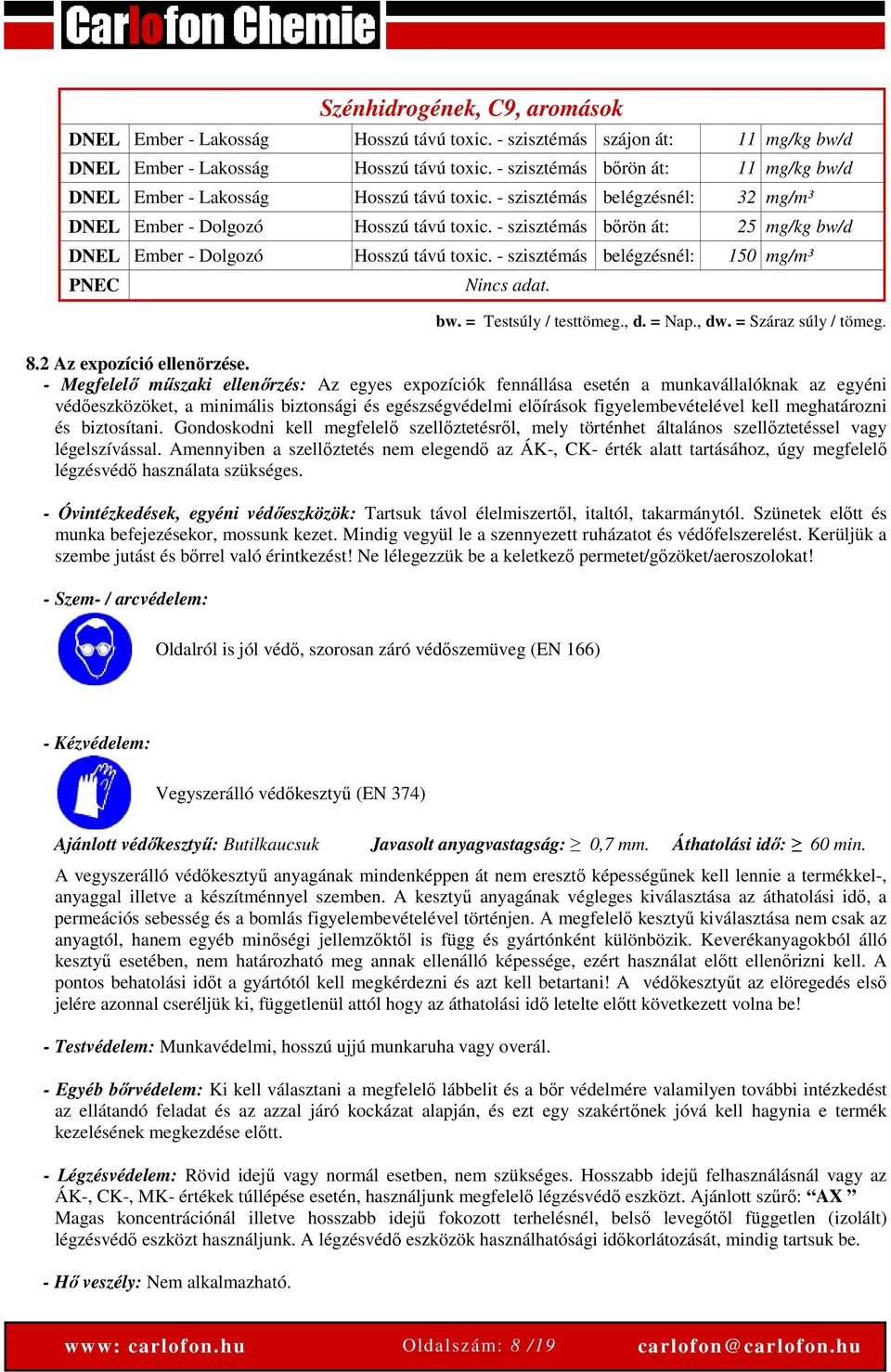 - szisztémás bőrön át: 25 mg/kg bw/d DNEL Ember - Dolgozó Hosszú távú toxic. - szisztémás belégzésnél: 150 mg/m³ PNEC Nincs adat. bw. = Testsúly / testtömeg., d. = Nap., dw. = Száraz súly / tömeg. 8.
