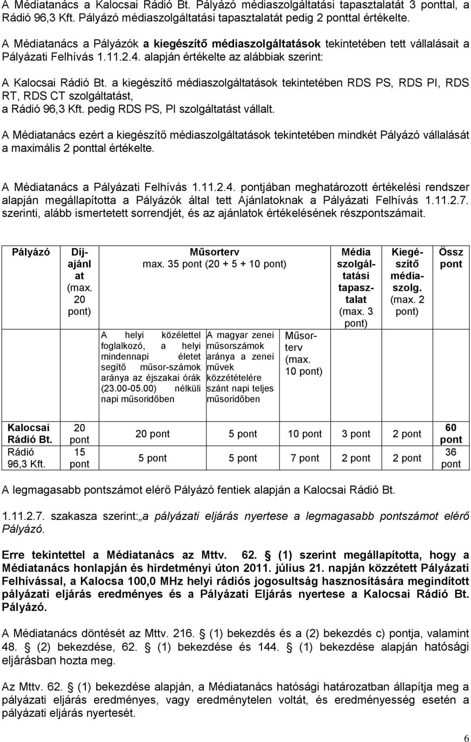 a kiegészítő médiaszolgáltatások tekintetében RDS PS, RDS PI, RDS RT, RDS CT szolgáltatást, a Rádió 96,3 Kft. pedig RDS PS, PI szolgáltatást vállalt.