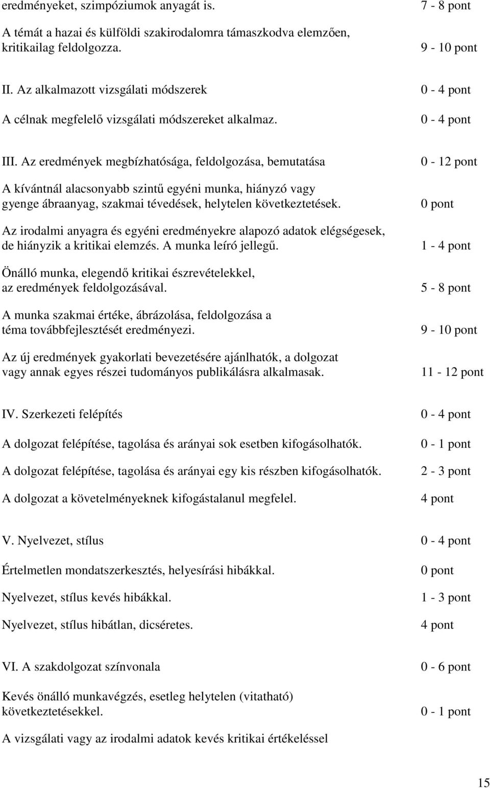 Az eredmények megbízhatósága, feldolgozása, bemutatása A kívántnál alacsonyabb szintű egyéni munka, hiányzó vagy gyenge ábraanyag, szakmai tévedések, helytelen következtetések.