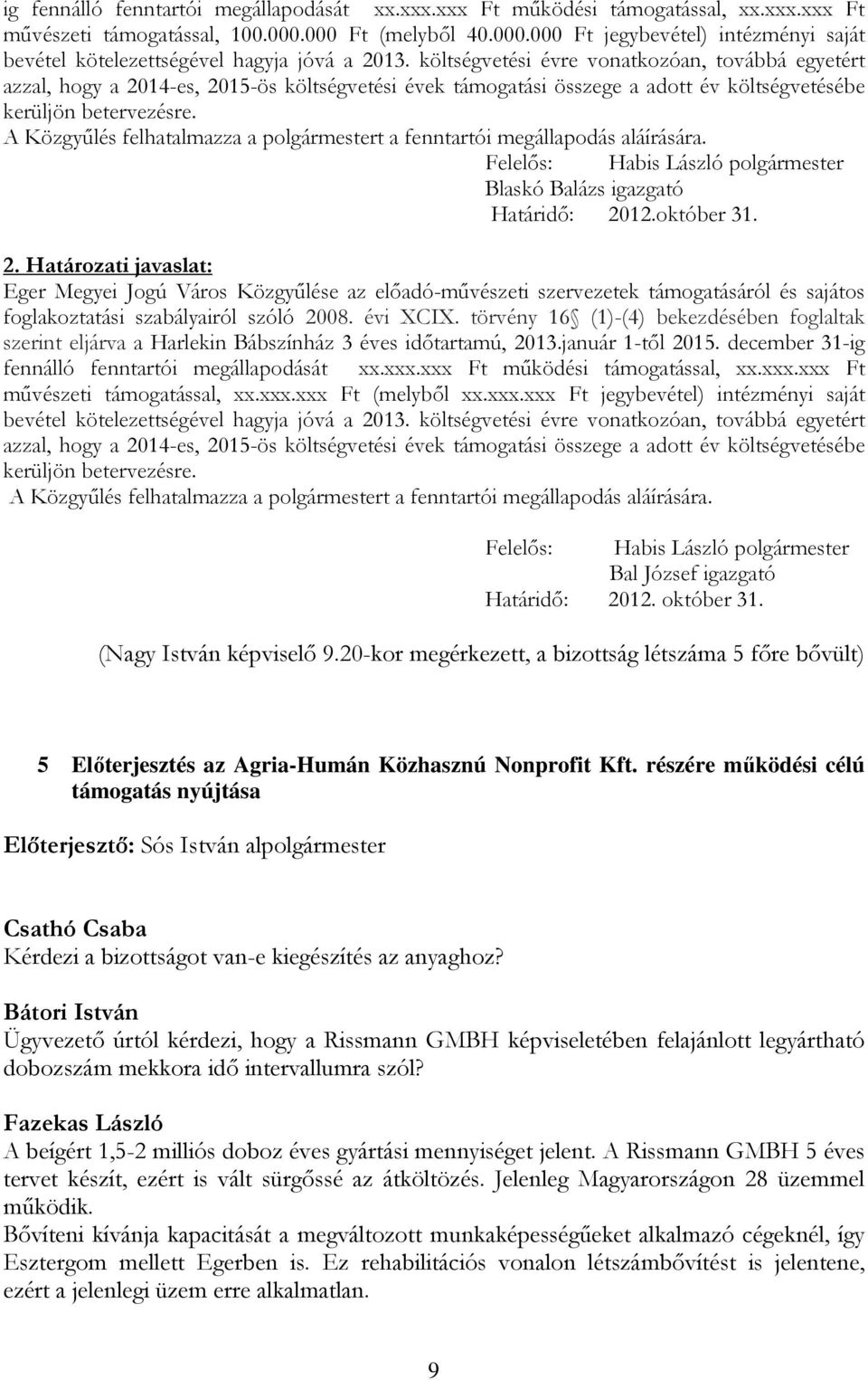 költségvetési évre vonatkozóan, továbbá egyetért azzal, hogy a 2014-es, 2015-ös költségvetési évek támogatási összege a adott év költségvetésébe kerüljön betervezésre.