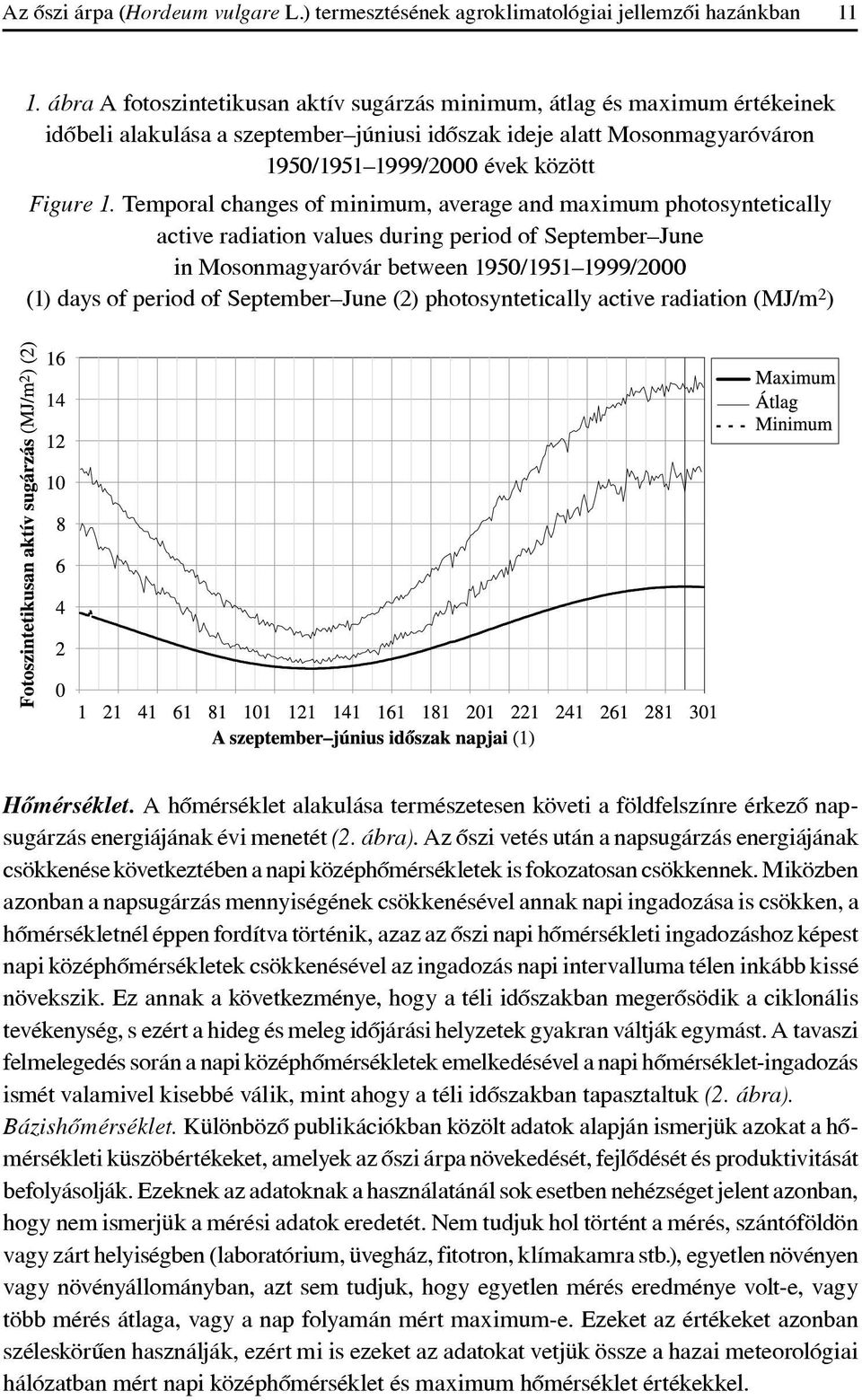 Temporal changes of minimum, average and maximum photosyntetically active radiation values during period of September June in Mosonmagyaróvár between 1950/1951 1999/2000 (1) days of period of