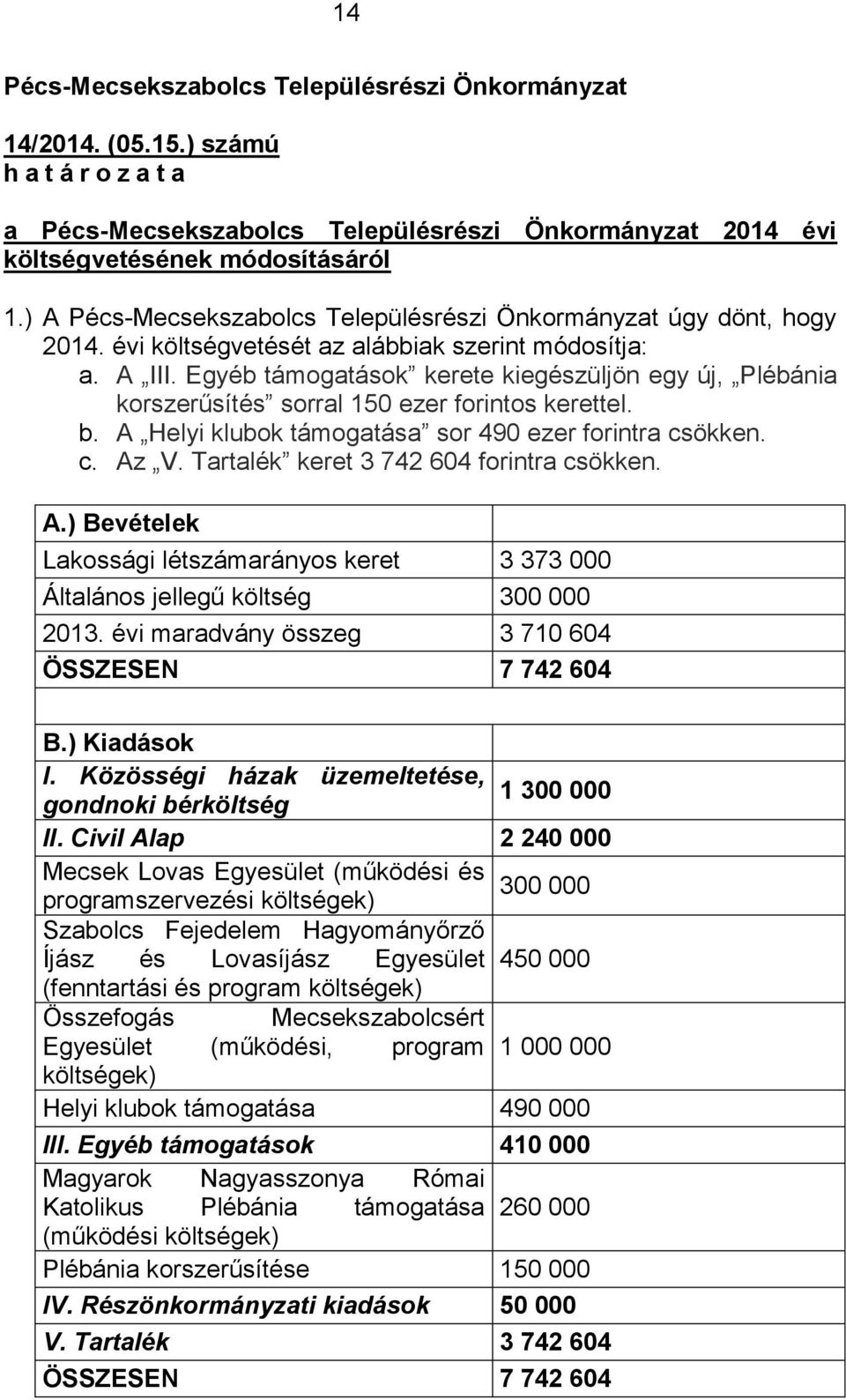 Egyéb támogatások kerete kiegészüljön egy új, Plébánia korszerűsítés sorral 150 ezer forintos kerettel. b. A Helyi klubok támogatása sor 490 ezer forintra csökken. c. Az V.