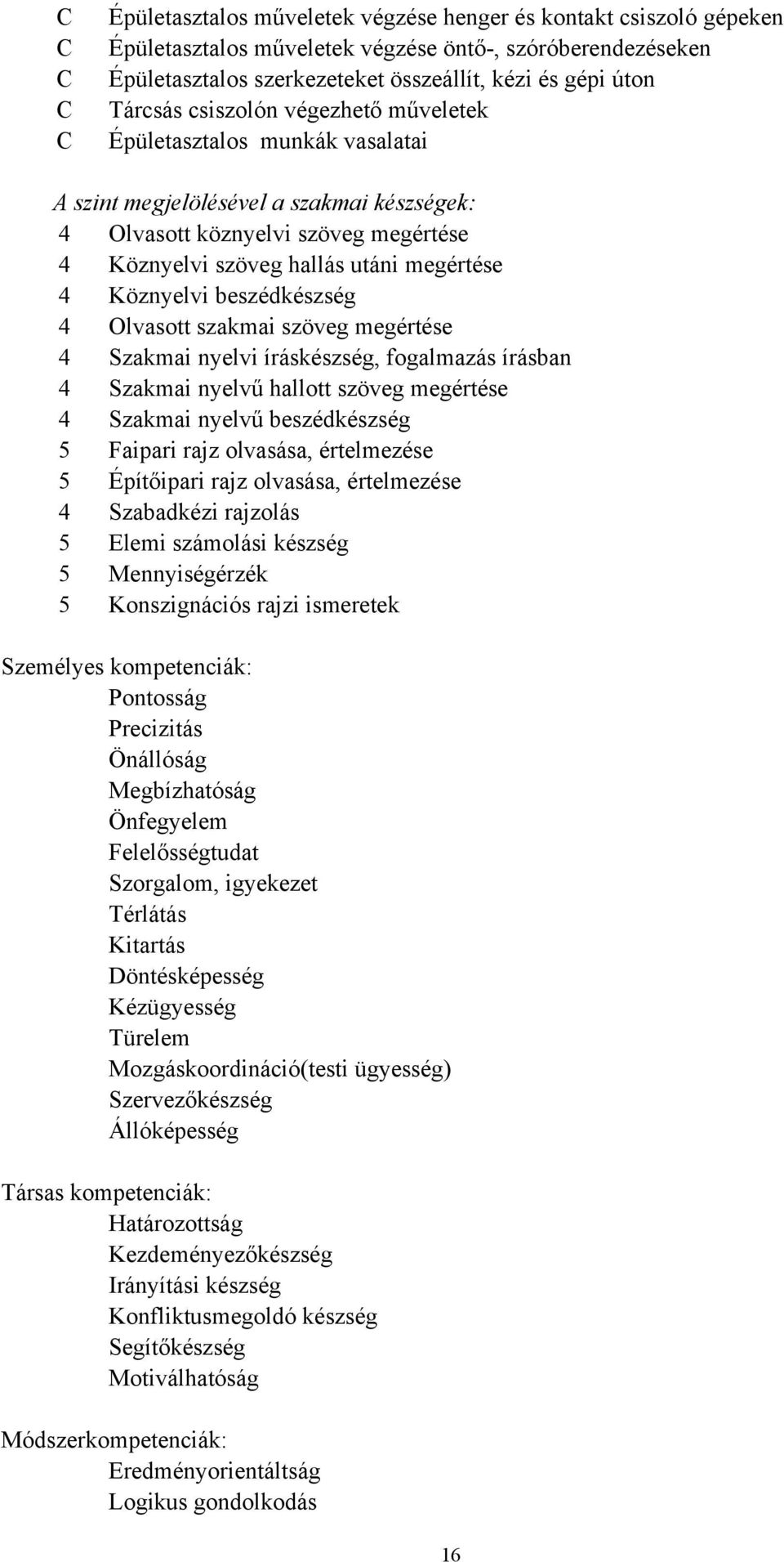 Köznyelvi beszédkészség 4 Olvasott szakmai szöveg megértése 4 Szakmai nyelvi íráskészség, fogalmazás írásban 4 Szakmai nyelvű hallott szöveg megértése 4 Szakmai nyelvű beszédkészség 5 Faipari rajz