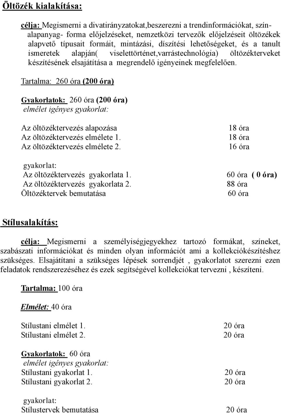 Tartalma: 260 óra (200 óra) Gyakorlatok: 260 óra (200 óra) elmélet igényes gyakorlat: Az öltözéktervezés alapozása Az öltözéktervezés elmélete 1. Az öltözéktervezés elmélete 2.