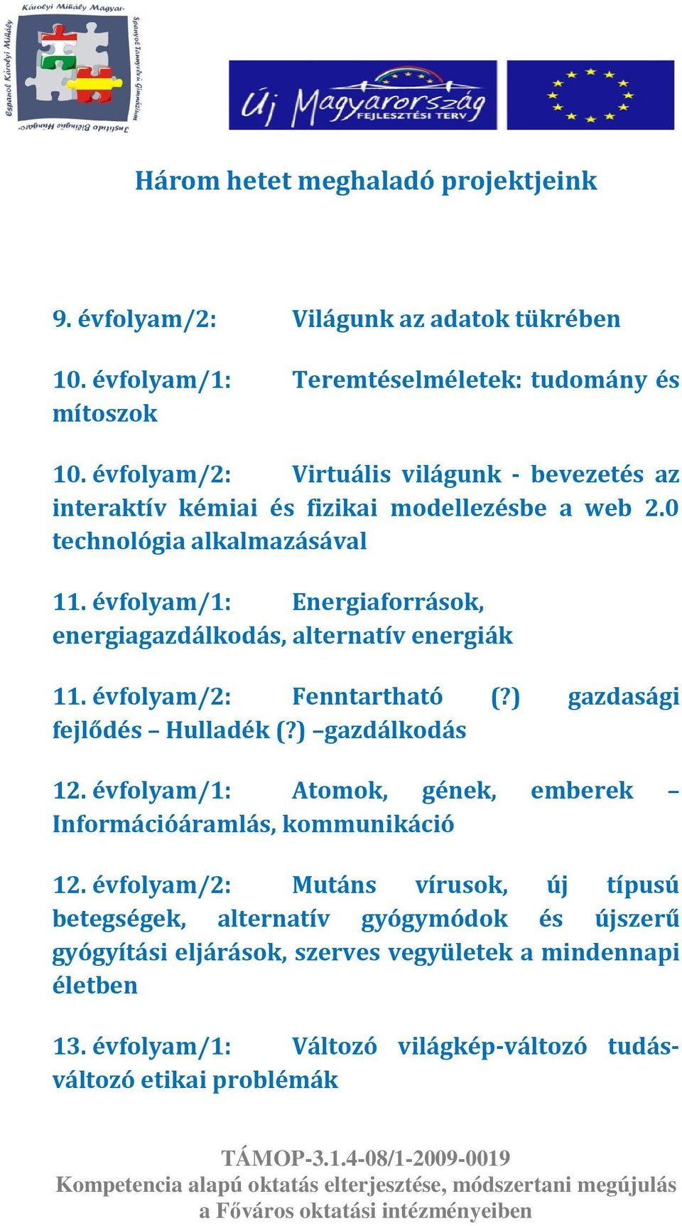 évfolyam/1: Energiaforrások, energiagazdálkodás, alternatív energiák 11. évfolyam/2: Fenntartható (?) gazdasági fejlődés Hulladék (?) gazdálkodás 12.