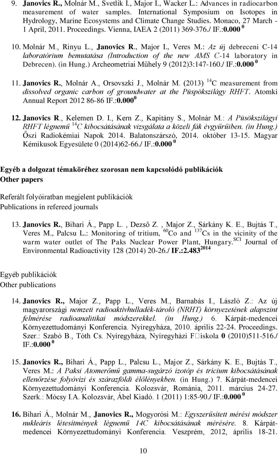 , Rinyu L., Janovics R., Major I., Veres M.: Az új debreceni C-14 laboratórium bemutatása (Introduction of the new AMS C-14 laboratory in Debrecen). (in Hung.) Archeometriai Műhely 9 (2012)3:147-160.