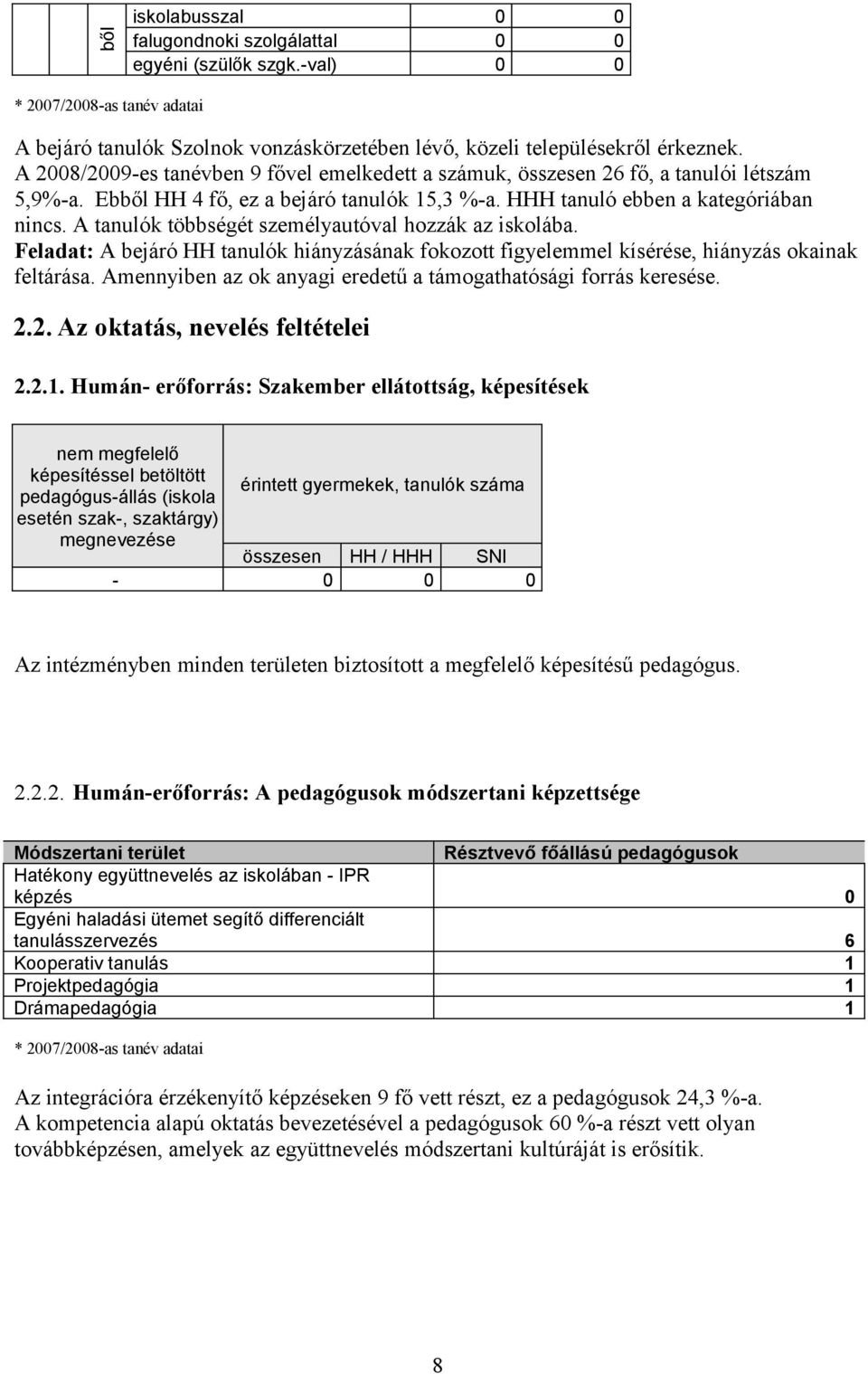 A többségét személyautóval hozzák az iskolába. Feladat: A bejáró HH hiányzásának fokozott figyelemmel kísérése, hiányzás okainak feltárása.