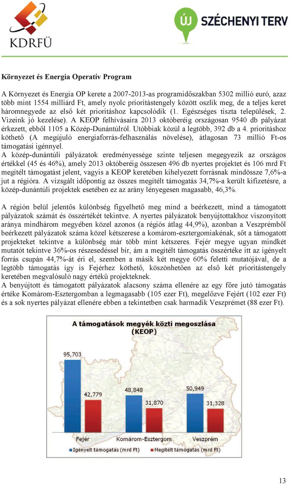 A KEOP felhívásaira 2013 októberéig országosan 9540 db pályázat érkezett, ebből 1105 a Közép-Dunántúlról. Utóbbiak közül a legtöbb, 392 db a 4.