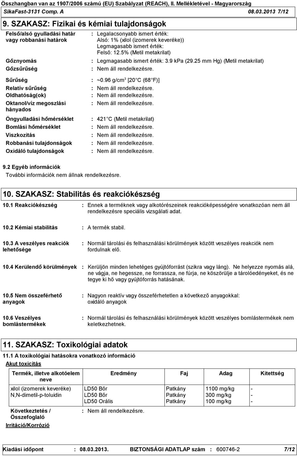 hőmérséklet Bomlási hőmérséklet Viszkozitás Robbanási tulajdonságok Oxidáló tulajdonságok Legalacsonyabb ismert érték Alsó 1% (xilol (izomerek keveréke)) Legmagasabb ismert érték Felső 12.