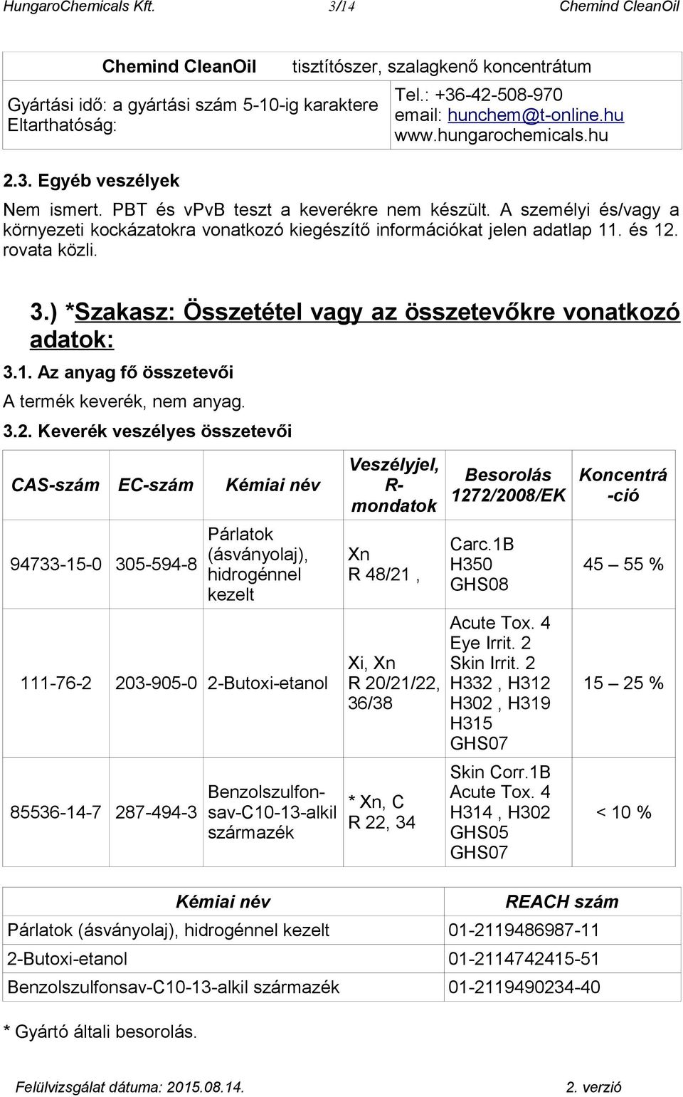 A személyi és/vagy a környezeti kockázatokra vonatkozó kiegészítő információkat jelen adatlap 11. és 12. rovata közli. 3.) *Szakasz: Összetétel vagy az összetevőkre vonatkozó adatok: 3.1. Az anyag fő összetevői A termék keverék, nem anyag.