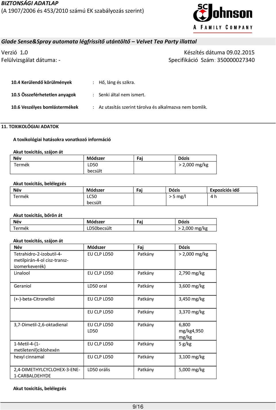 Expozíciós idő Termék LC50 becsült > 5 mg/l 4 h Akut toxicitás, bőrön át Név Módszer Faj Dózis Termék LD50becsült > 2,000 mg/kg Geraniol LD50 oral Patkány 3,600 mg/kg (+-)-beta-citronellol EU CLP