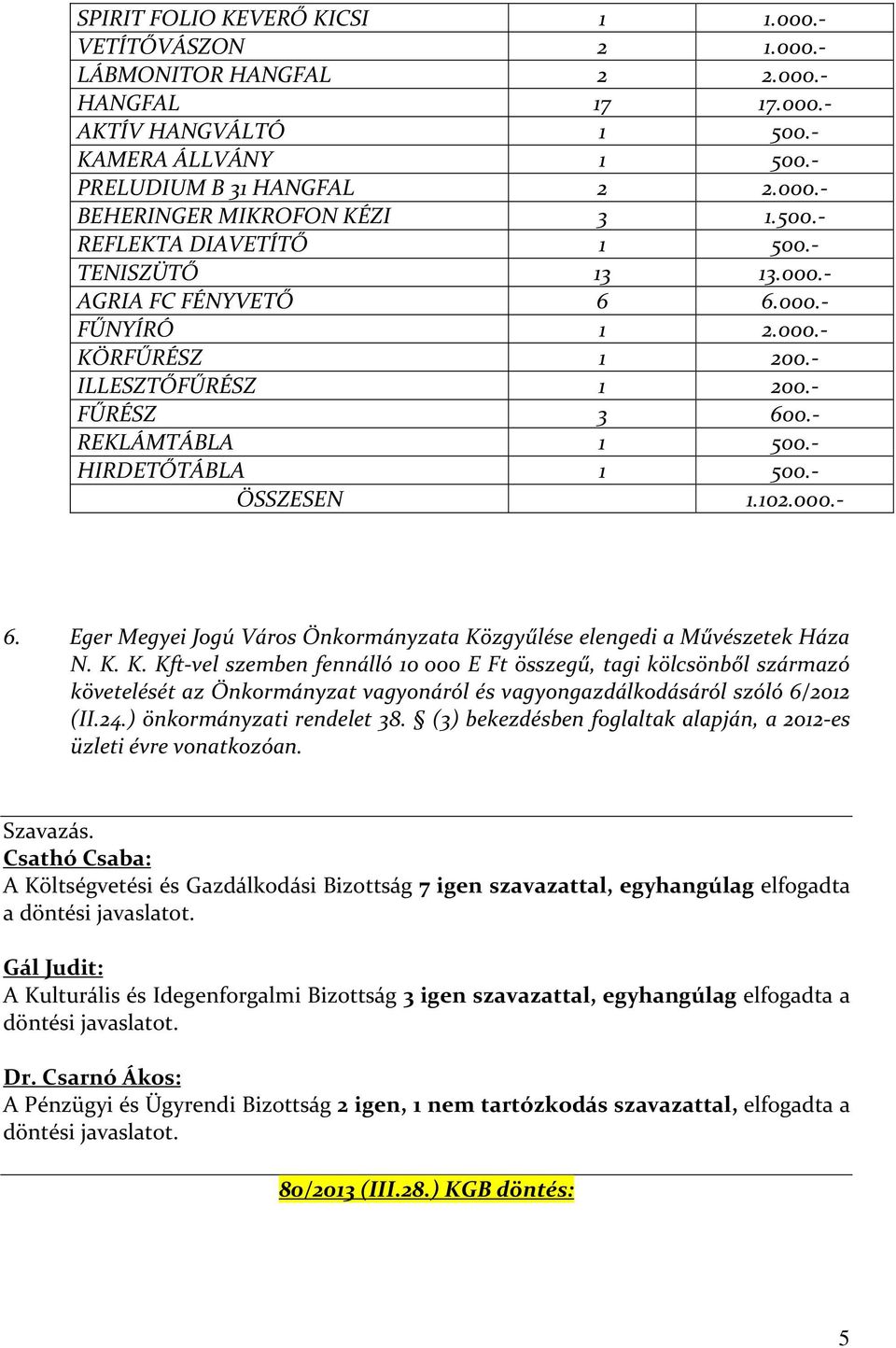 - ÖSSZESEN 1.102.000.- 6. Eger Megyei Jogú Város Önkormányzata Kö