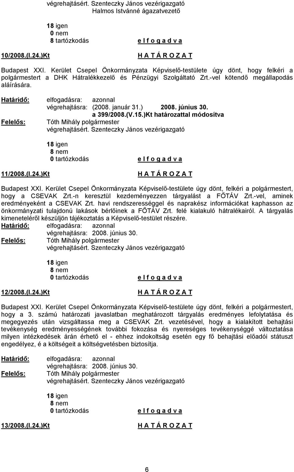 január 31.) 2008. június 30. a 399/2008.(V.15.)Kt határozattal módosítva végrehajtásért. Szenteczky János vezérigazgató 18 igen 8 nem 11/2008.(I.24.)Kt Budapest XXI.