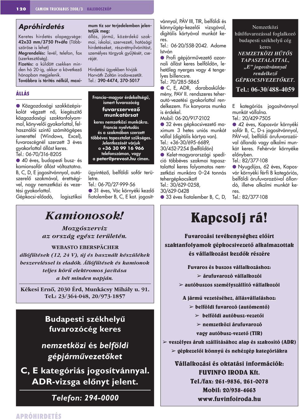 B, C, D, E jogosítvánnyal, autószerelô szakmával, érettségivel, nagy nemzetközi és vezetési gyakorlattal.