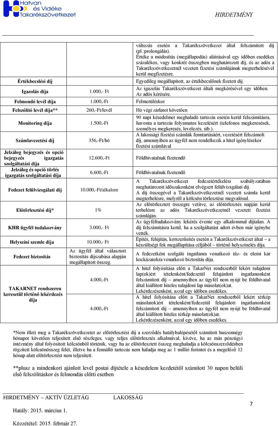 opció törlés igazgatás szolgáltatási díja Fedezet felülvizsgálati díj 1.500,-Ft 356,-Ft/hó 12.600,-Ft 6.600,-Ft 10.