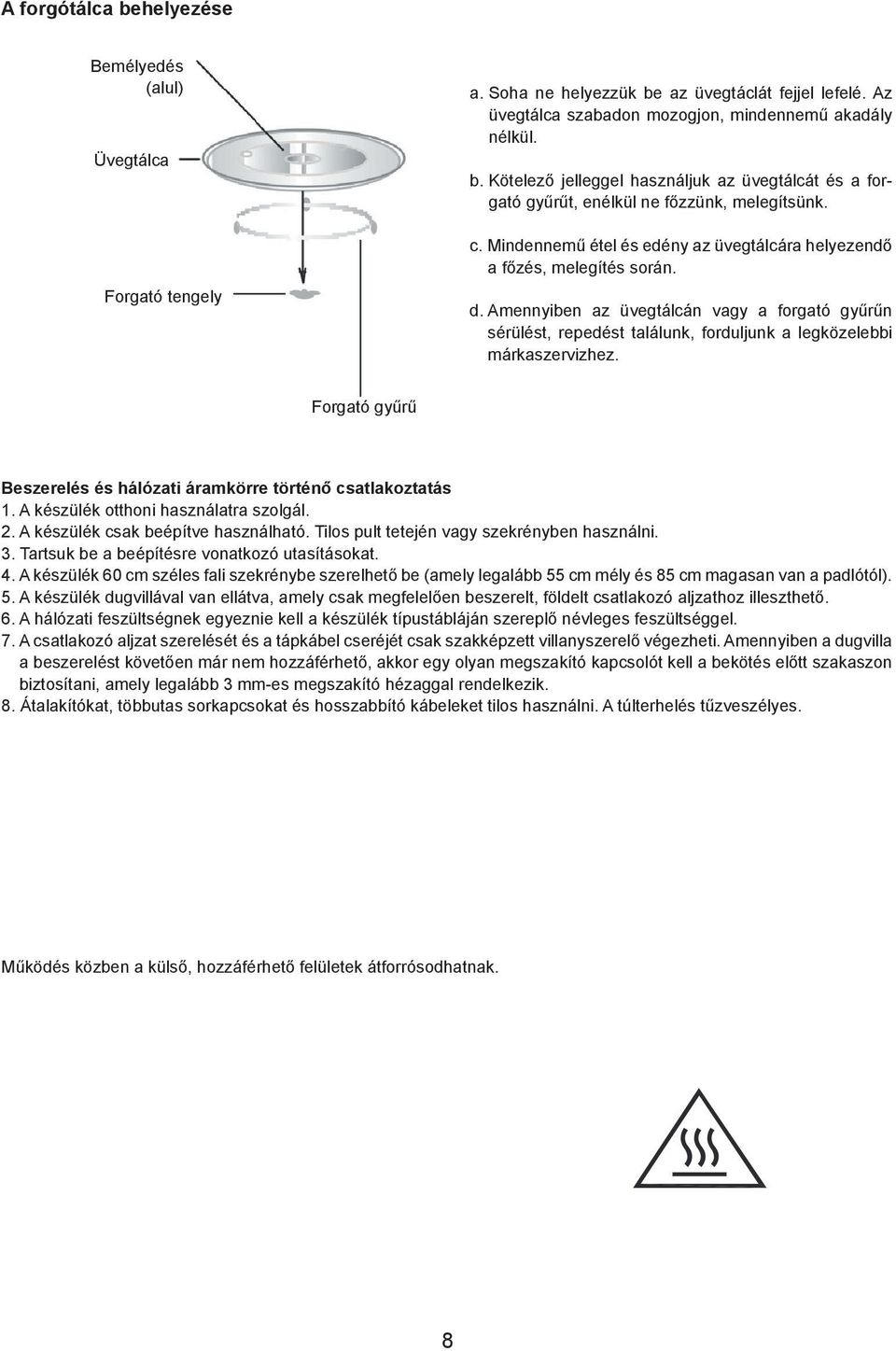 restricted. b. Kötelező jelleggel használjuk az üvegtálcát és a forgató glass gyűrűt, tray enélkül and turntable ne főzzünk, ring assembly melegítsünk. must always be b. Both used during co