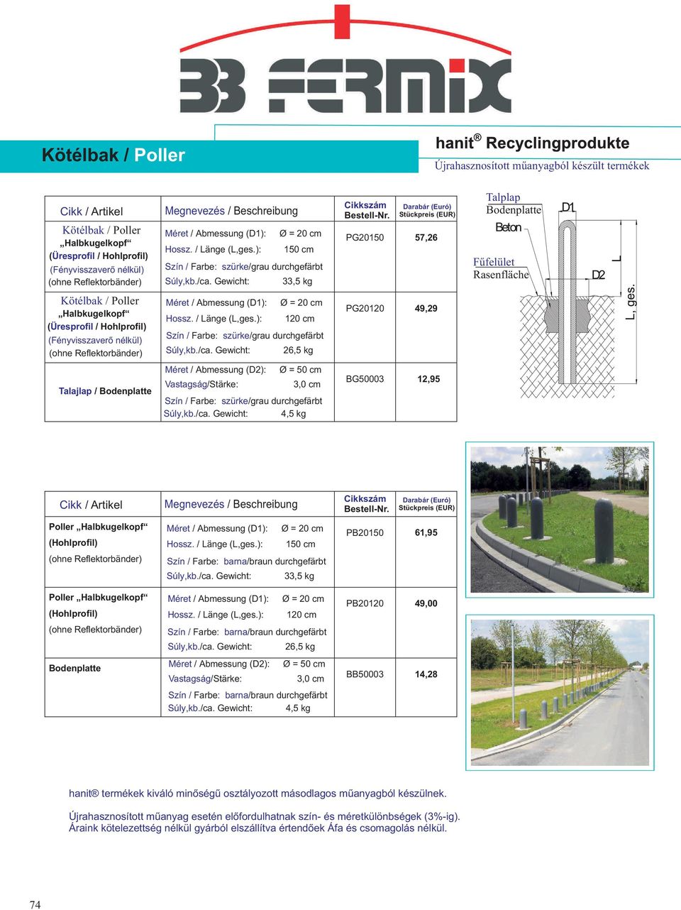 Darabár (Euró) Stückpreis (EUR) PG20150 57,26 Talplap Bodenplatte Fûfelület Rasenfläche Halbkugelkopf ( Üresprofil / Hohlprofil) Méret / Abmessung (D1): Hossz. / Länge (L,ges.): Súly,kb./ca.