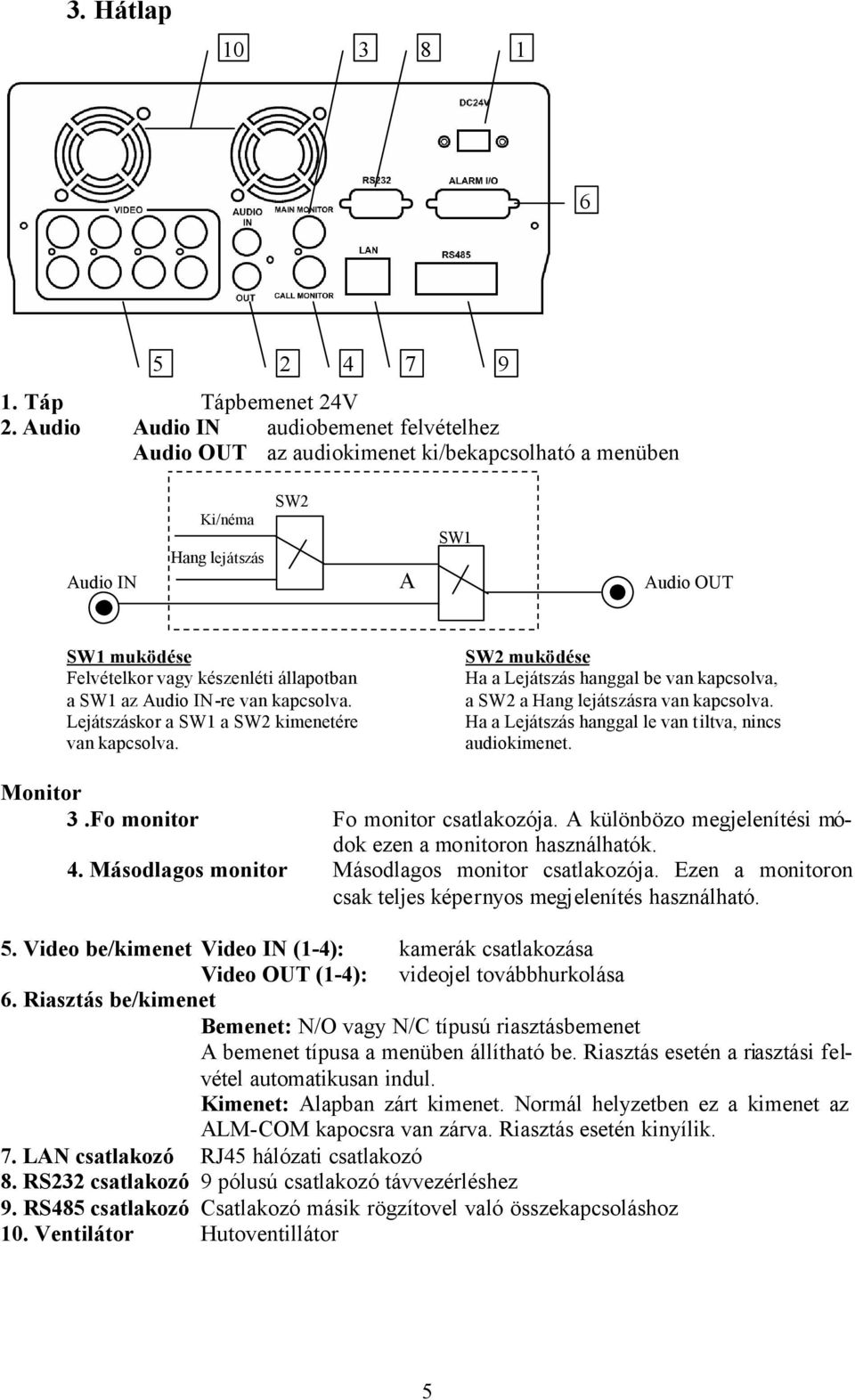 állapotban a SW1 az Audio IN-re van kapcsolva. Lejátszáskor a SW1 a SW2 kimenetére van kapcsolva. SW2 muködése Ha a Lejátszás hanggal be van kapcsolva, a SW2 a Hang lejátszásra van kapcsolva.