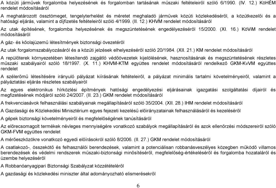 feltételeiről szóló 4/1999. (II. 12.) KHVM rendelet módosításáról Az utak építésének, forgalomba helyezésének és megszüntetésének engedélyezéséről 15/2000. (XI. 16.