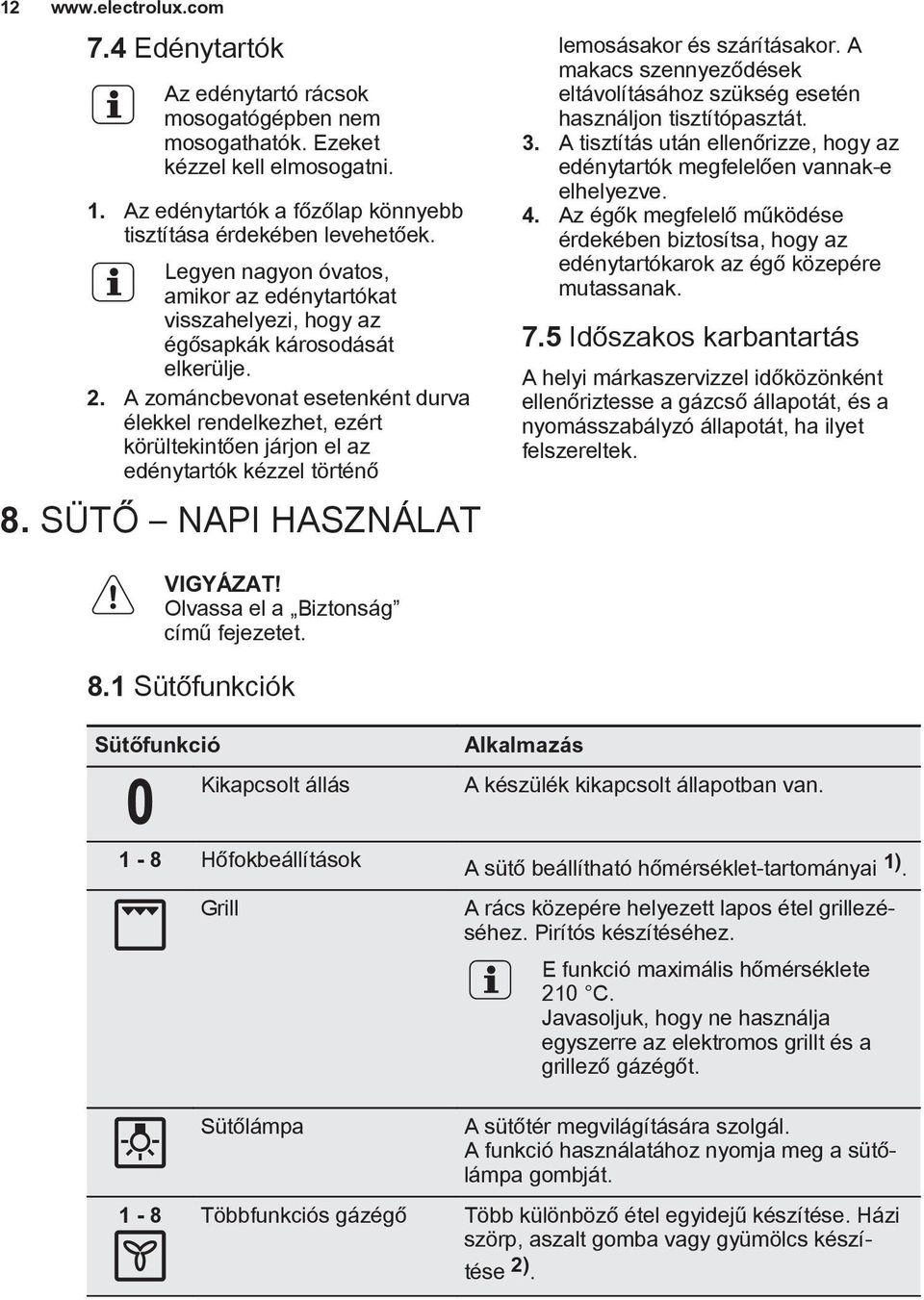 A zománcbevonat esetenként durva élekkel rendelkezhet, ezért körültekintően járjon el az edénytartók kézzel történő 8. SÜTŐ NAPI HASZNÁLAT lemosásakor és szárításakor.