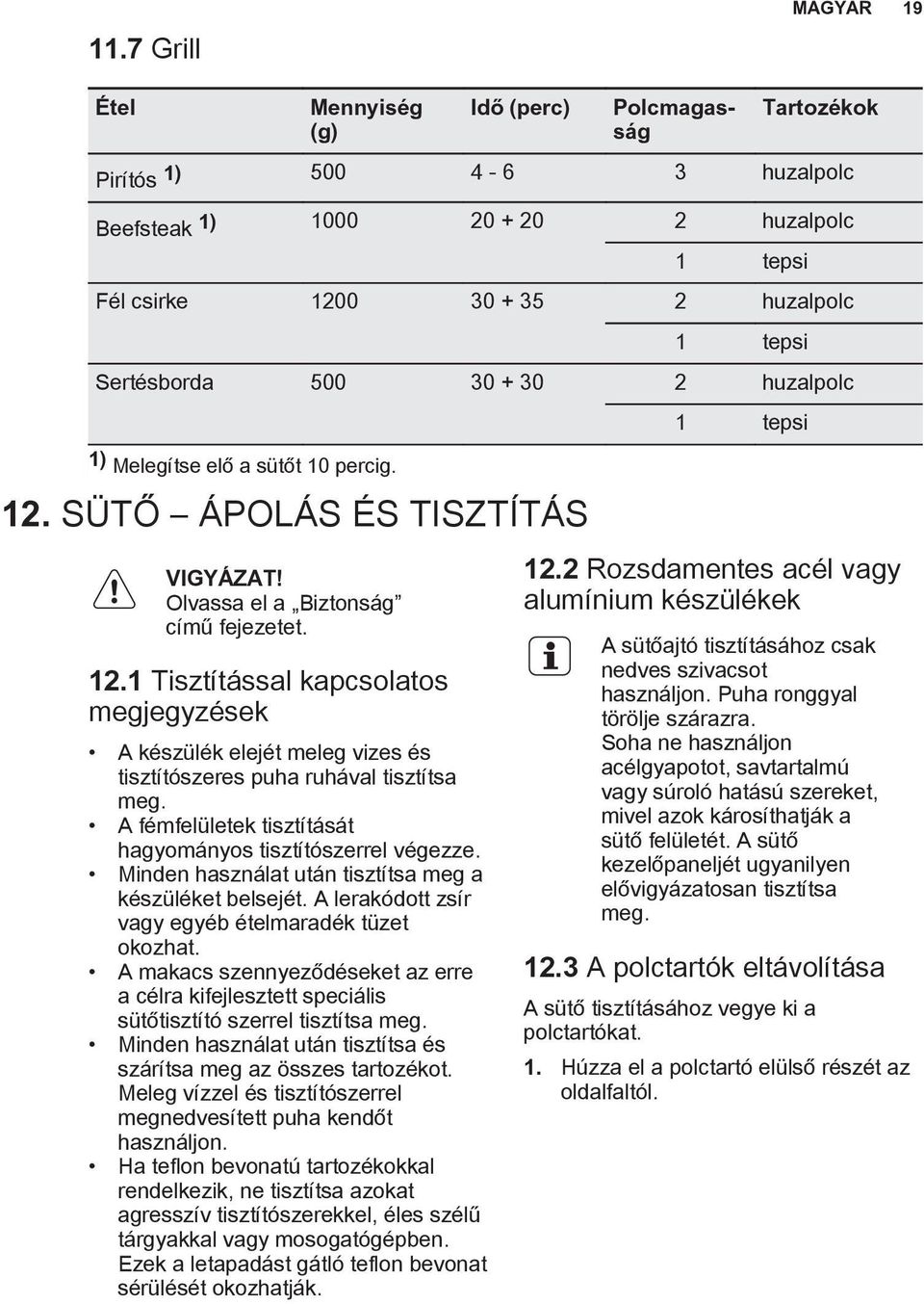 30 + 30 2 huzalpolc 1) Melegítse elő a sütőt 10 percig. 12. SÜTŐ ÁPOLÁS ÉS TISZTÍTÁS 1 tepsi Olvassa el a Biztonság című fejezetet. 12.1 Tisztítással kapcsolatos megjegyzések A készülék elejét meleg vizes és tisztítószeres puha ruhával tisztítsa meg.