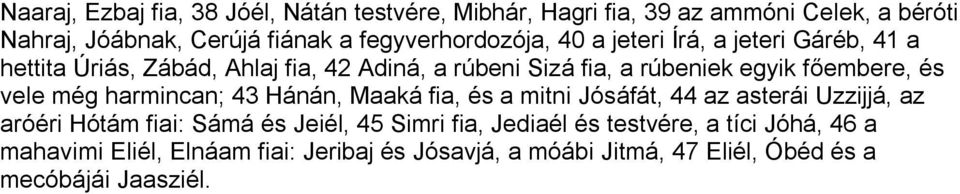 főembere, és vele még harmincan; 43 Hánán, Maaká fia, és a mitni Jósáfát, 44 az asterái Uzzijjá, az aróéri Hótám fiai: Sámá és Jeiél, 45